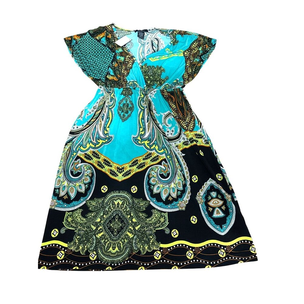 5th Love Large Turquoise Lime Green Black Printed Boho Dress Summer Vacation - Picture 7 of 13